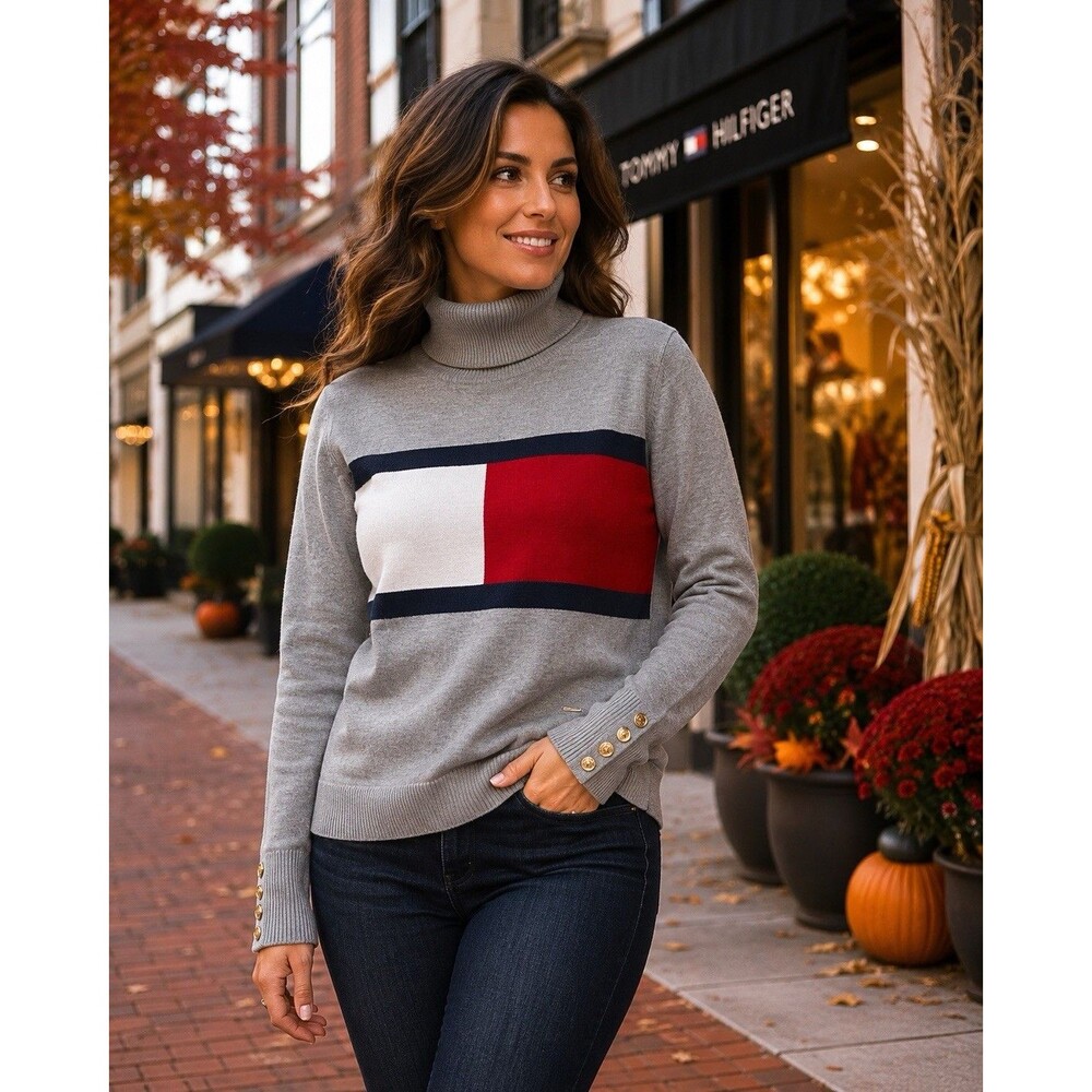 Tommy Hilfiger XL Gray Flag Turtleneck Sweater Gold Button Cuffs Colorblock Knit